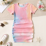 Toddler Girl Tie Dyed Round-collar Ruched Short-sleeve Dress