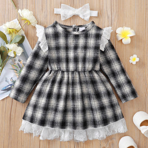 Toddler Girl 100% Ruffled Schiffy Design Plaid Lace Hem Button Design Long-sleeve Dress