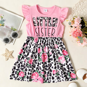 Toddler Girl Letter Floral Leopard Print Splice Flutter-sleeve Dress