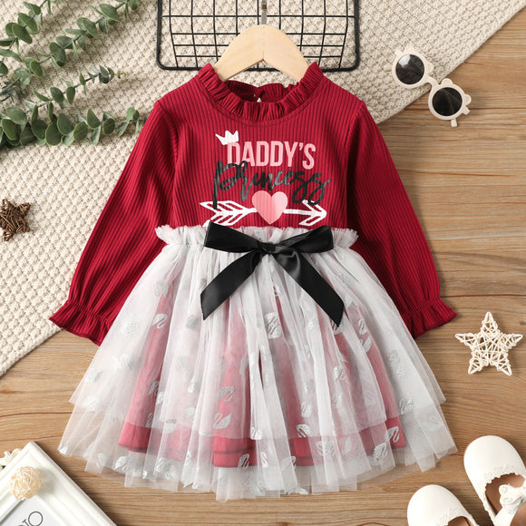 Toddler Girl Ruffle Collar Letter Print Bowknot Goose Glitter Design Mesh Splice Long-sleeve Dress