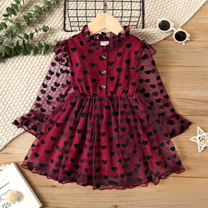 Toddler Girl Ruffle Collar Heart Pattern Button Design Mesh Long-sleeve Dress