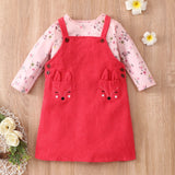 2-piece Toddler Girl Floral Print Long-sleeve Tee and Ruffled Button DesignFox Pattern Overall Dress Set