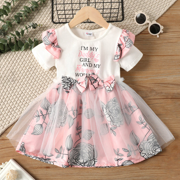 Toddler Girl Letter Floral Print Bowknot Decor Ruffled Mesh Design Short-sleeve Dress