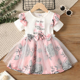 Toddler Girl Letter Floral Print Bowknot Decor Ruffled Mesh Design Short-sleeve Dress