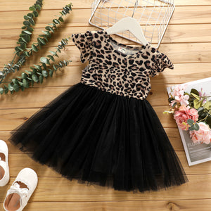 Toddler Girl Leopard Print Mesh Splice Flutter-sleeve Dress