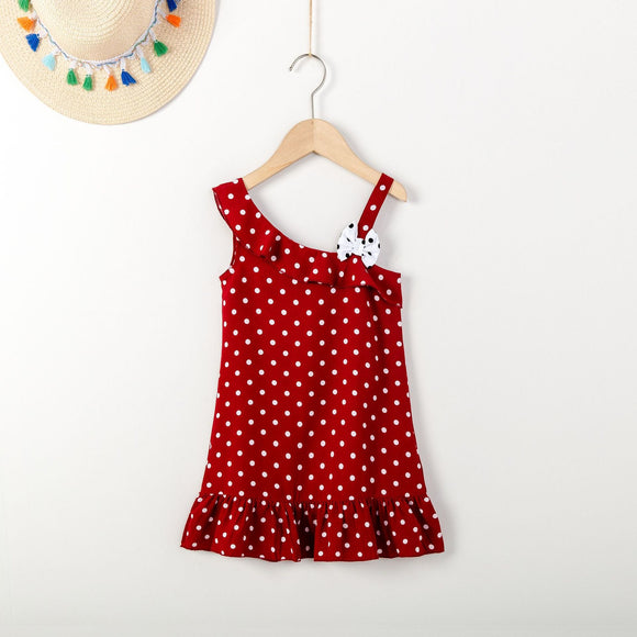 Toddler Girl Polka dots Ruffled Bowknot Design Cami Dress