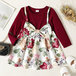 Toddler Girl Faux-two Floral Print Bowknot Design Long-sleeve Dress