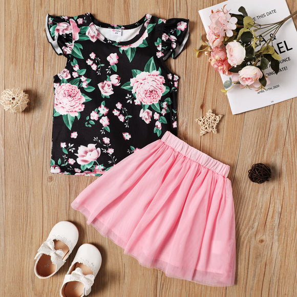 2-piece Toddler Girl Floral Print Flutter-sleeve Tee and Mesh Design Pink Skirt Set