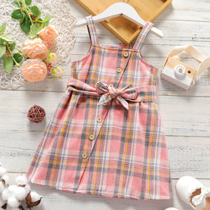 Toddler Girl Button Design Pink Plaid Belted Cami Dress