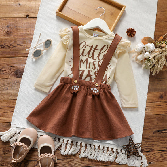 2 piece Toddler Girl Letter Print Ruffled Long sleeve Top and Dog Footprint Brown Suspender Skirt Set