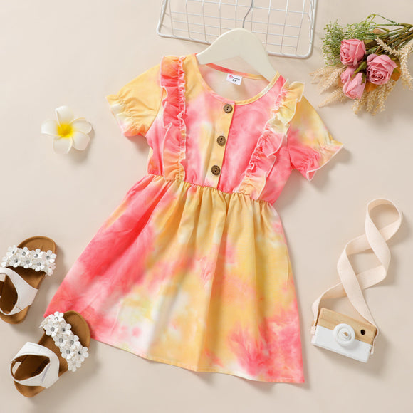 Toddler Girl Tie Dyed Ruffled Button Design Short-sleeve Dress