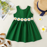 Toddler Girl 3D Floral Design Back V Neck Solid Color Sleeveless Dress