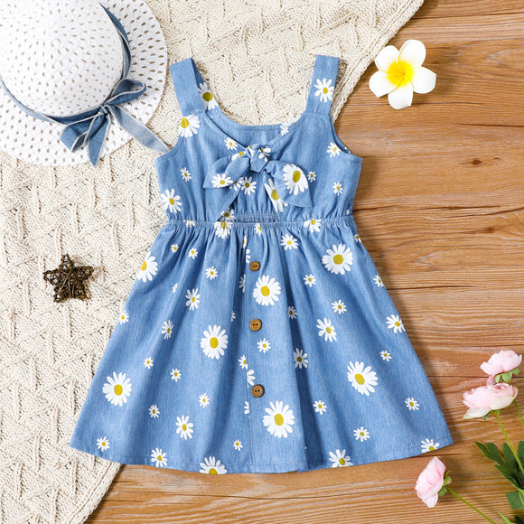 Toddler Girl Floral Print Bowknot Design Hollow out Denim Strap Dress