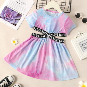 Toddler Girl Tie Dyed Letter Print Hollow out Short-sleeve Dress