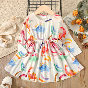 Toddler Girl Animal Dinosaur Print Waisted Long-sleeve Dress