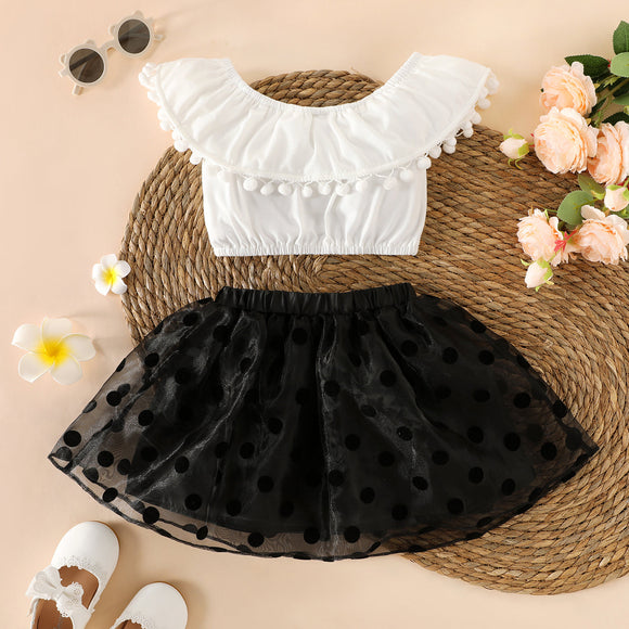 2-piece Toddler Girl Flounce Pompom Design White Top and Polka dots Mesh Black Skirt Set