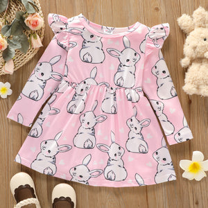 Toddler Girl Ruffled Cute Rabbit Print Long-sleeve Dress