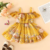 Toddler Girl Floral Print Ruffled Off Shoulder Strap Dress