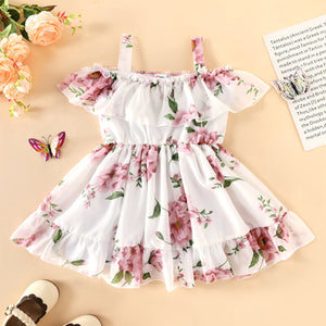 Toddler Girl Floral Print Ruffled Off Shoulder Strap Dress