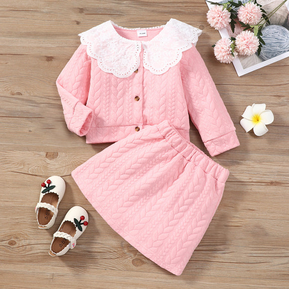 2-piece Toddler Girl Schiffy Design Statement Collar Cable Knit Textured Jacket and Pink Skirt Set