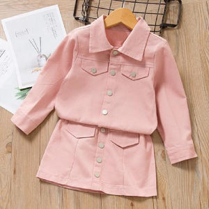 2-piece Toddler Girl 100% Cotton Lapel Collar Button Design Pink Jacket and Elasticized Skirt Set