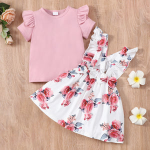 2-piece Toddler Girl Ruffled Ribbed Short-sleeve Pink Tee and Bowknot Design Floral Print Suspender Skirt Set