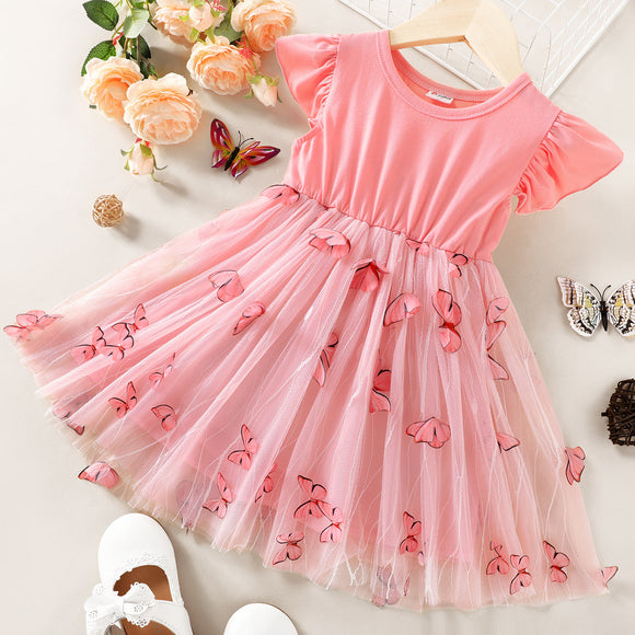 Toddler Girl 3D Butterfly Design Mesh Splice Flutter-sleeve Pink Dress