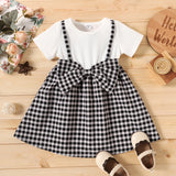 Toddler Girl Faux-two Bowknot Design Plaid Splice Short-sleeve Dress