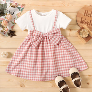 Toddler Girl Faux-two Bowknot Design Plaid Splice Short-sleeve Dress