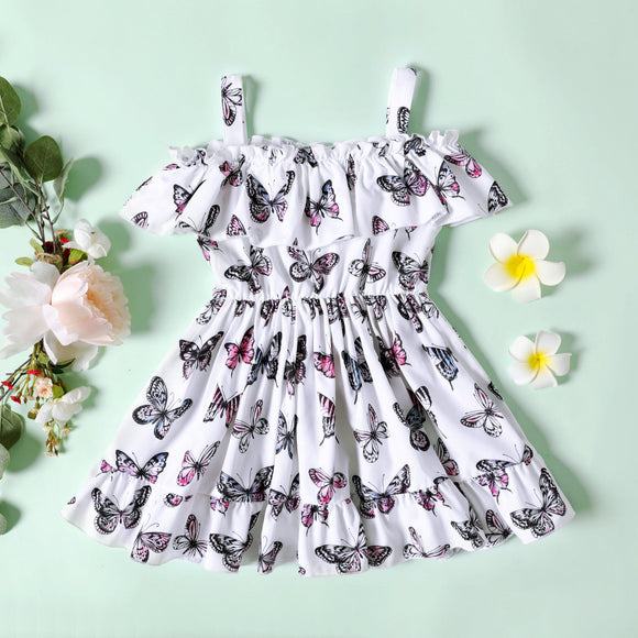 Toddler Girl Butterfly Print Off Shoulder Flounce Strap Dress