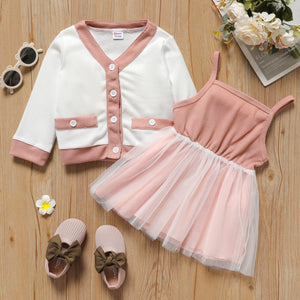 2-piece Toddler Girl Waffle Mesh Design Cami Dress and Button Design Colorblock Jacket Set