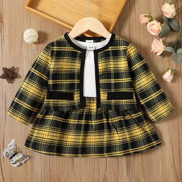 2-piece Toddler Girl Plaid Splice Long-sleeve Dress and Cardigan Set