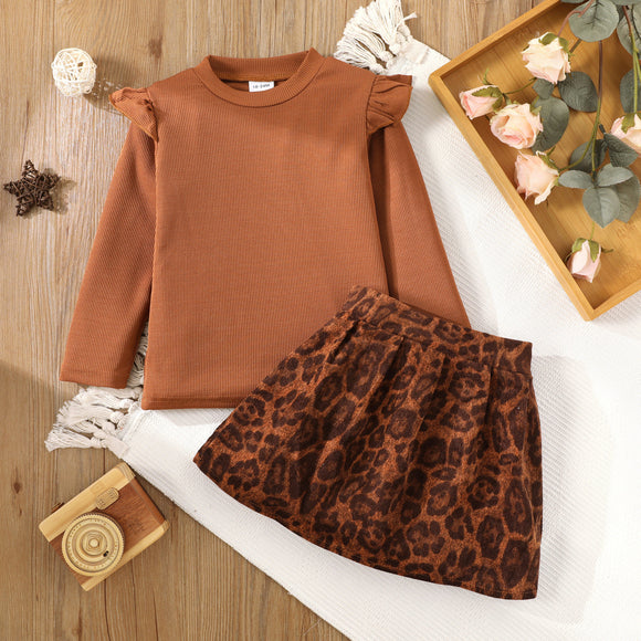 2 piece Toddler Girl Ruffled Long sleeve Ribbed Top and Leopard Print Skirt Set