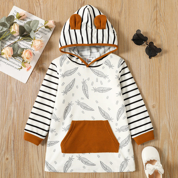 Toddler Girl Feather Print Striped Ear Design Long-sleeve Hooded Sweatshirt Dres