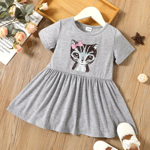 Toddler Girl Animal Cat Print Short-sleeve Grey Dress