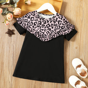 Toddler Girl Leopard Print Ruffled Colorblock Short-sleeve Dress