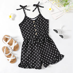 Kid Girl Polka dots Button Bowknot Design Sleeveless Strap Romper Jumpsuit Shorts