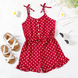 Kid Girl Polka dots Button Bowknot Design Sleeveless Strap Romper Jumpsuit Shorts