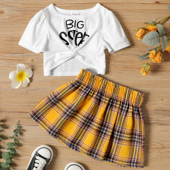 2-piece Toddler Girl Letter Print Twist Front Short-sleeve White Tee and Elasticized Plaid Skirt Set