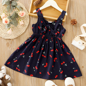 Toddler Girl Cherry Print Bowknot Design Hollow out Strap Dress