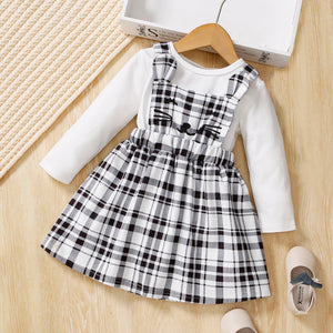 2-piece Toddler Girl Long-sleeve White Tee and Plaid Cat Kitty Print Ear Design Overall Dress Set