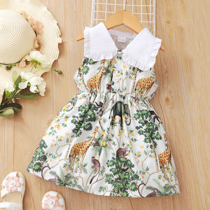 Toddler Girl Floral Print Statement Collar Button Design Sleeveless Dress