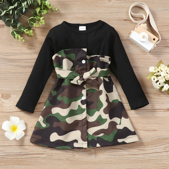 Toddler Girl Camouflage Print Ribbed Splice Button Design Belted Long-sleeve Dress