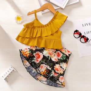 2-piece Toddler Girl Ruffled Ribbed Yellow Camisole and Floral Print Skirt Set