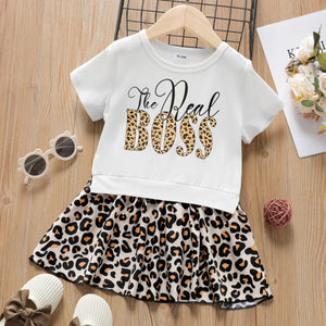 Toddler Girl Faux-two Letter Leopard Print Short-sleeve Dress