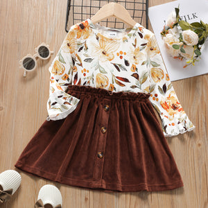 Toddler Girl Floral Print Splice Ruffled Button Design Corduroy Long-sleeve Dress