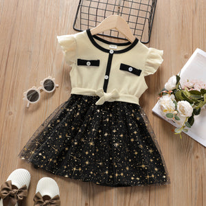 Toddler Girl Waffle Bowknot Button Design Star Glitter Mesh Design Dress