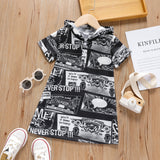 Toddler Girl Letter Allover Print Button Design Short-sleeve Hooded Dress