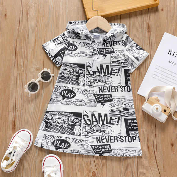 Toddler Girl Letter Allover Print Button Design Short-sleeve Hooded Dress