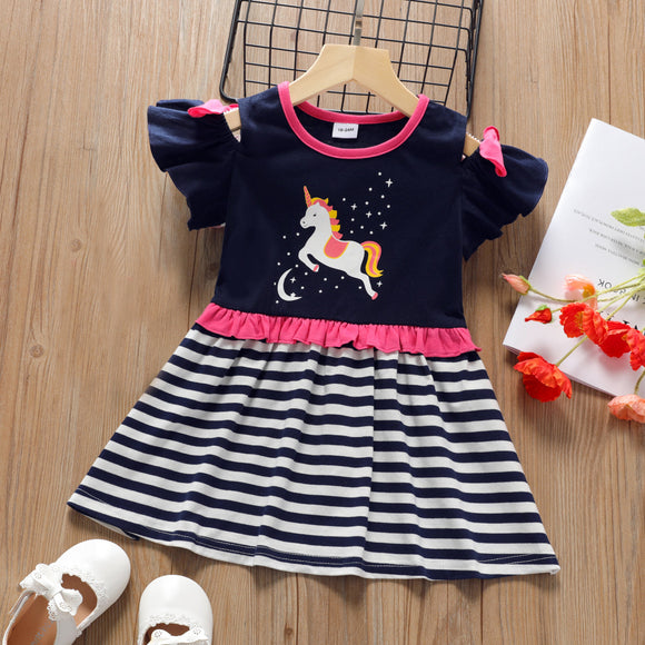 Toddler Girl Unicorn Print Stripe Ruffled Flutter-sleeve Dress